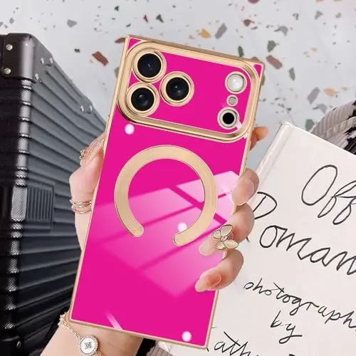 KANGHAR Case Designed for iPhone 17 Pro Max Magnetic [Compatible with MagSafe] Luxury Cute Plating Design Case Full-Body Anti-Scratch Shockproof Bumper Protective Cover Hot Pink 