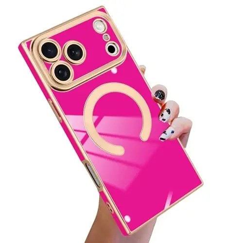 KANGHAR Case Designed for iPhone 17 Pro Max Magnetic [Compatible with MagSafe] Luxury Cute Plating Design Case Full-Body Anti-Scratch Shockproof Bumper Protective Cover Hot Pink - KANGHAR