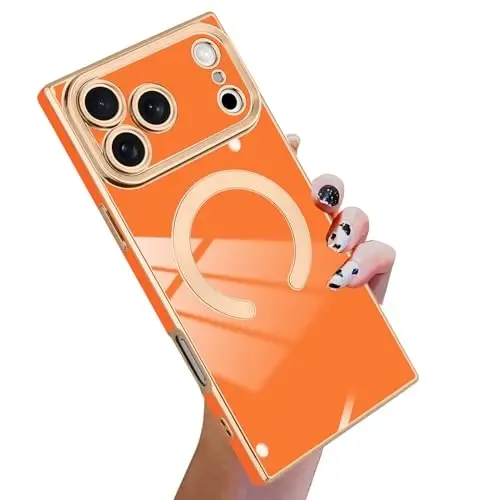KANGHAR Case Designed for iPhone 17 Pro Max Magnetic [Compatible with MagSafe] Luxury Cute Plating Design Case Full-Body Anti-Scratch Shockproof Bumper Protective Cover Orange 