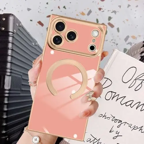 KANGHAR Case Designed for iPhone 17 Pro Max Magnetic [Compatible with MagSafe] Luxury Cute Plating Design Case Full-Body Anti-Scratch Shockproof Bumper Protective Cover Pink 