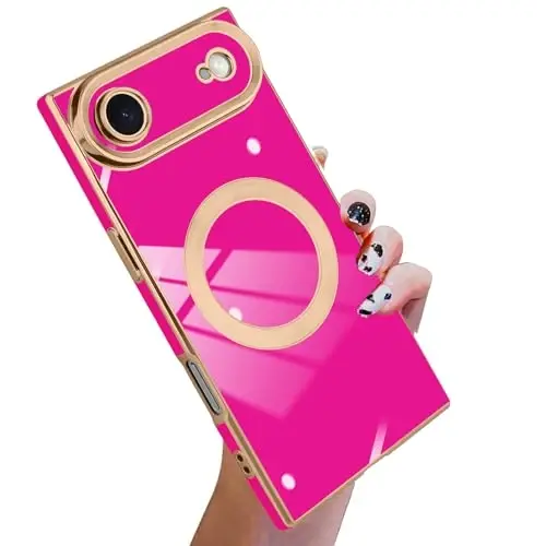 KANGHAR Case Designed for iPhone Air Magnetic [Compatible with MagSafe] Luxury Cute Plating Design Case Full-Body Anti-Scratch Shockproof Bumper Protective Cover Hot Pink 