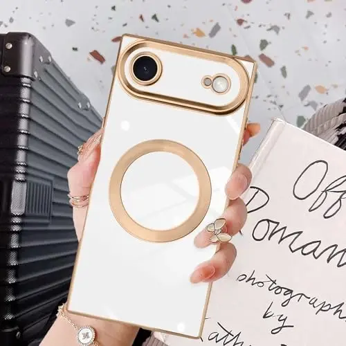 KANGHAR Case Designed for iPhone Air Magnetic [Compatible with MagSafe] Luxury Cute Plating Design Case Full-Body Anti-Scratch Shockproof Bumper Protective Cover White 
