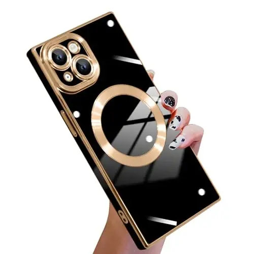KANGHAR Case Designed for Phone 15 Plus Magnetic [Compatible with MagSafe] Luxury Cute Plating Design Case Full-Body Anti-Scratch Shockproof Bumper Protective Cover Black 