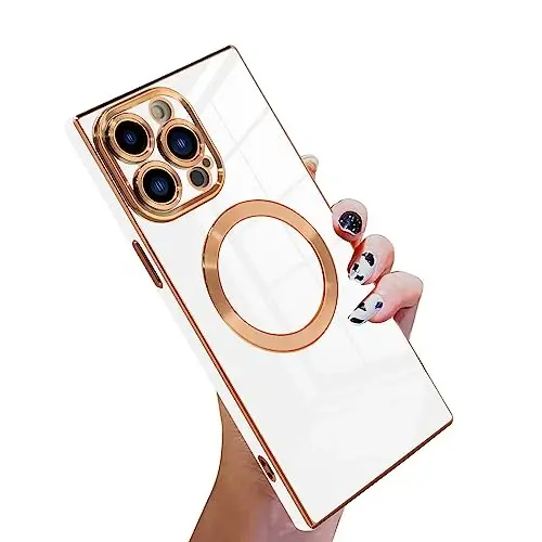 KANGHAR Case for iPhone 12 Pro Max Rectangle Luxury White Magnetic | Cute Plating Design Full-Body Anti-Scratch Shockproof Bumper Compatible with MagSafe Protective Cover for Women Girl Men - 1