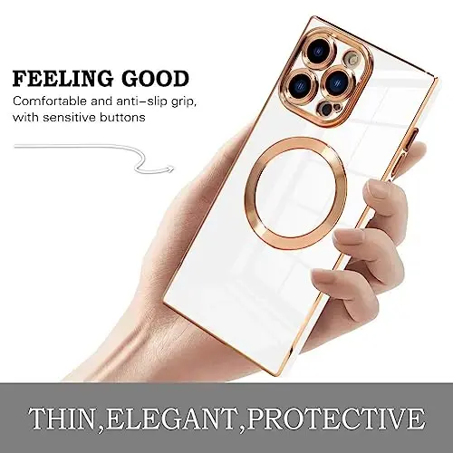KANGHAR Case for iPhone 12 Pro Max Rectangle Luxury White Magnetic | Cute Plating Design Full-Body Anti-Scratch Shockproof Bumper Compatible with MagSafe Protective Cover for Women Girl Men - 4