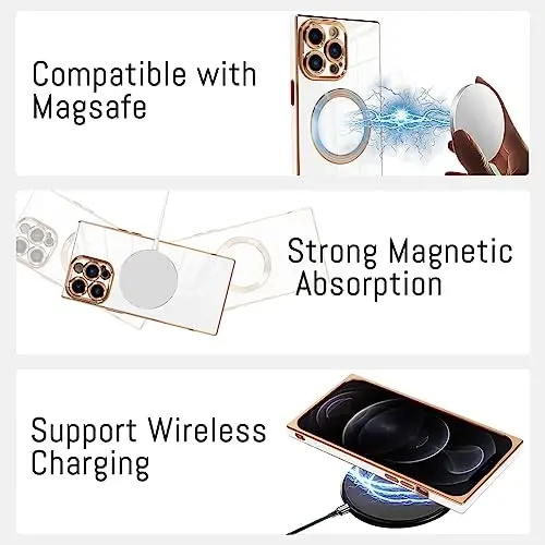 KANGHAR Case for iPhone 12 Pro Max Rectangle Luxury White Magnetic | Cute Plating Design Full-Body Anti-Scratch Shockproof Bumper Compatible with MagSafe Protective Cover for Women Girl Men - 5