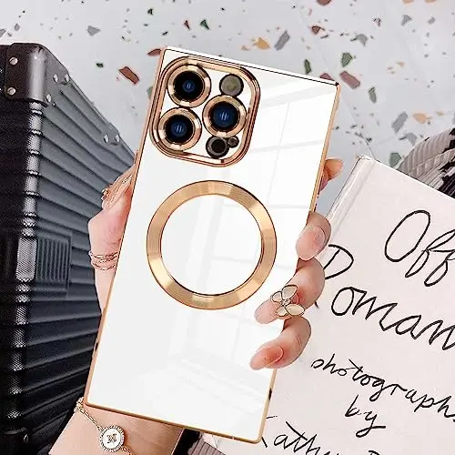 KANGHAR Case for iPhone 12 Pro Max Rectangle Luxury White Magnetic | Cute Plating Design Full-Body Anti-Scratch Shockproof Bumper Compatible with MagSafe Protective Cover for Women Girl Men - 6