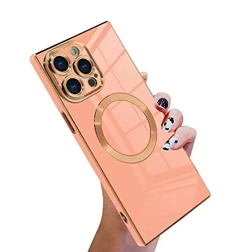 KANGHAR Case for iPhone 14 Pro Max Rectangle Luxury Pink Magnetic | Cute Plating Design Full-Body Anti-Scratch Shockproof Bumper Compatible with MagSafe Protective Cover for Women Girl Men - 1