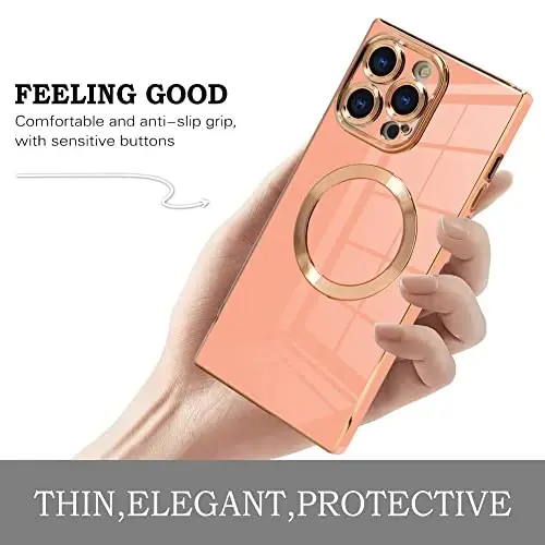 KANGHAR Case for iPhone 14 Pro Max Rectangle Luxury Pink Magnetic | Cute Plating Design Full-Body Anti-Scratch Shockproof Bumper Compatible with MagSafe Protective Cover for Women Girl Men - 3