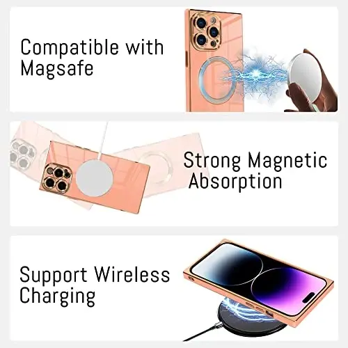 KANGHAR Case for iPhone 14 Pro Max Rectangle Luxury Pink Magnetic | Cute Plating Design Full-Body Anti-Scratch Shockproof Bumper Compatible with MagSafe Protective Cover for Women Girl Men - 6