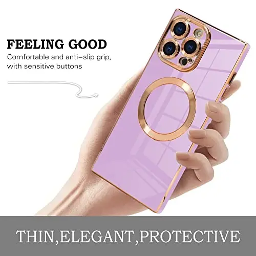 KANGHAR Case for iPhone 14 Pro Max Rectangle Luxury Purple Magnetic | Cute Plating Design Full-Body Anti-Scratch Shockproof Bumper Compatible with MagSafe Protective Cover for Women Girl Men - 3