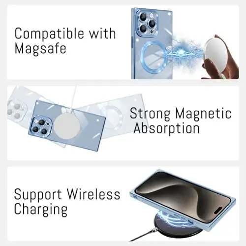 KANGHAR Case for iPhone 15 Pro Rectangle Luxury Blue Magnetic | Cute Plating Design Full-Body Anti-Scratch Shockproof Bumper Compatible with MagSafe Protective Cover for Women Girl Men - 5