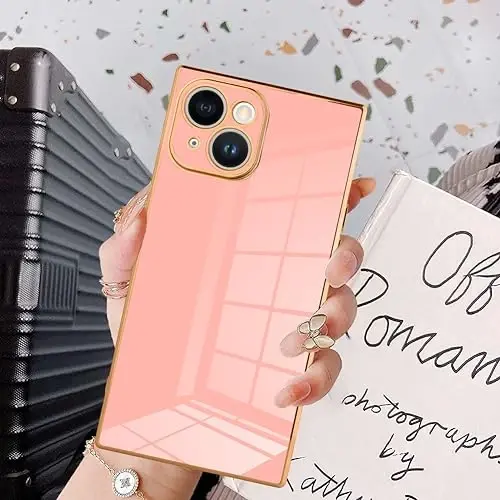 KANGHAR Case for iPhone 15 Rectangle Luxury Pink | Cute Plating Design Full-Body Anti-Scratch Shockproof Bumper Protective Cover for Women Girl Men - 6