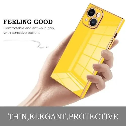 KANGHAR Case for iPhone 15 Rectangle Luxury Yellow | Cute Plating Design Full-Body Anti-Scratch Shockproof Bumper Protective Cover for Women Girl Men - 4