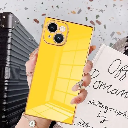 KANGHAR Case for iPhone 15 Rectangle Luxury Yellow | Cute Plating Design Full-Body Anti-Scratch Shockproof Bumper Protective Cover for Women Girl Men - 6