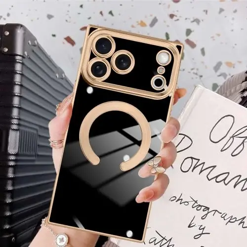 KANGHAR Case for iPhone 18 Pro Max Rectangle Luxury Black Magnetic | [Compatible with MagSafe] Cute Plating Design Case Full-Body Anti-Scratch Shockproof Bumper Protective Cover - 6