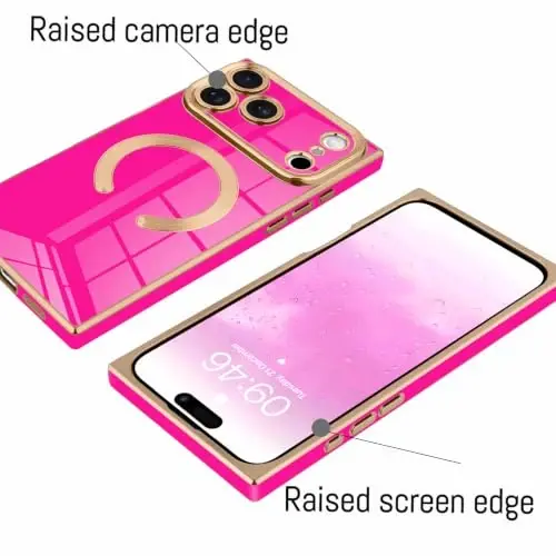 KANGHAR Case for iPhone 18 Pro Max Rectangle Luxury Hot Pink Magnetic | [Compatible with MagSafe] Cute Plating Design Case Full-Body Anti-Scratch Shockproof Bumper Protective Cover - 3