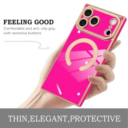 KANGHAR Case for iPhone 18 Pro Max Rectangle Luxury Hot Pink Magnetic | [Compatible with MagSafe] Cute Plating Design Case Full-Body Anti-Scratch Shockproof Bumper Protective Cover - 4