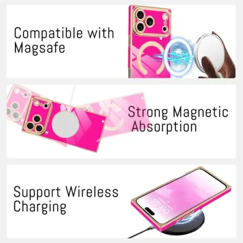 KANGHAR Case for iPhone 18 Pro Max Rectangle Luxury Hot Pink Magnetic | [Compatible with MagSafe] Cute Plating Design Case Full-Body Anti-Scratch Shockproof Bumper Protective Cover - 5
