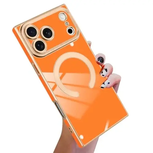 KANGHAR Case for iPhone 18 Pro Max Rectangle Luxury Orange Magnetic | [Compatible with MagSafe] Cute Plating Design Case Full-Body Anti-Scratch Shockproof Bumper Protective Cover - 1