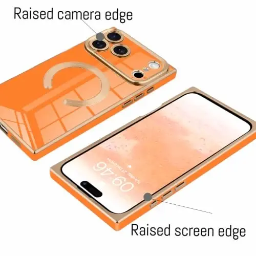 KANGHAR Case for iPhone 18 Pro Max Rectangle Luxury Orange Magnetic | [Compatible with MagSafe] Cute Plating Design Case Full-Body Anti-Scratch Shockproof Bumper Protective Cover - 3