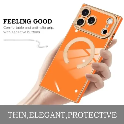 KANGHAR Case for iPhone 18 Pro Max Rectangle Luxury Orange Magnetic | [Compatible with MagSafe] Cute Plating Design Case Full-Body Anti-Scratch Shockproof Bumper Protective Cover - 4