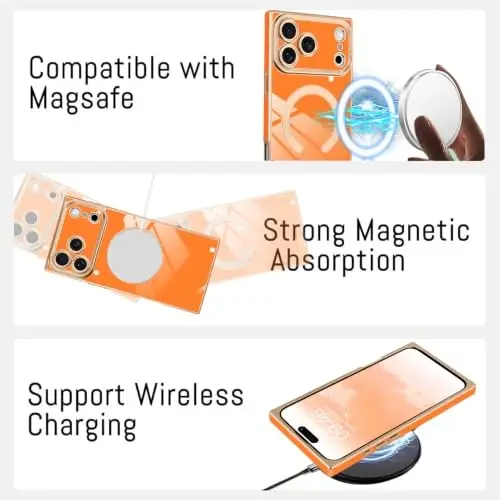 KANGHAR Case for iPhone 18 Pro Max Rectangle Luxury Orange Magnetic | [Compatible with MagSafe] Cute Plating Design Case Full-Body Anti-Scratch Shockproof Bumper Protective Cover - 5