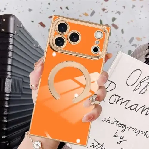 KANGHAR Case for iPhone 18 Pro Max Rectangle Luxury Orange Magnetic | [Compatible with MagSafe] Cute Plating Design Case Full-Body Anti-Scratch Shockproof Bumper Protective Cover - 6