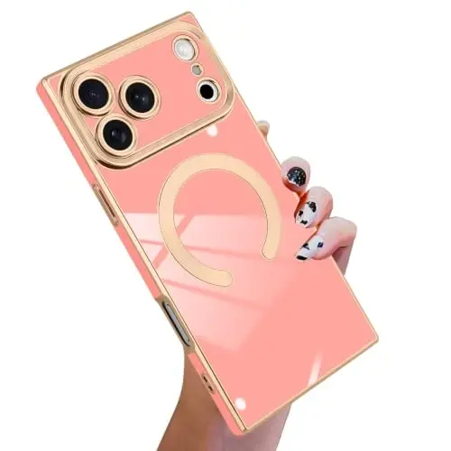 KANGHAR Case for iPhone 18 Pro Max Rectangle Luxury Pink Magnetic | [Compatible with MagSafe] Cute Plating Design Case Full-Body Anti-Scratch Shockproof Bumper Protective Cover - 1