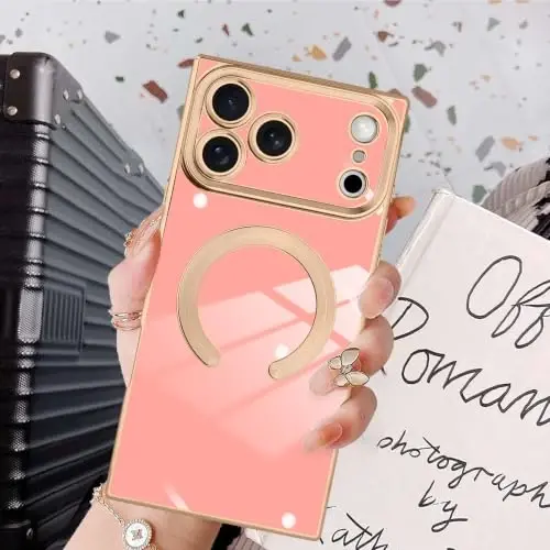 KANGHAR Case for iPhone 18 Pro Max Rectangle Luxury Pink Magnetic | [Compatible with MagSafe] Cute Plating Design Case Full-Body Anti-Scratch Shockproof Bumper Protective Cover - 6