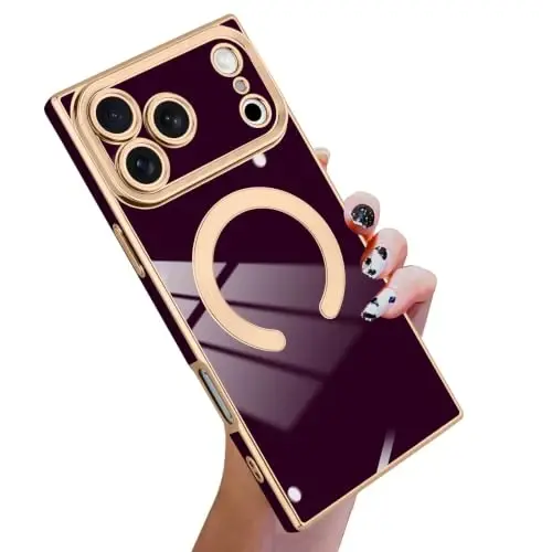 KANGHAR Case for iPhone 18 Pro Max Rectangle Luxury Wine Red Magnetic | [Compatible with MagSafe] Cute Plating Design Case Full-Body Anti-Scratch Shockproof Bumper Protective Cover - 1