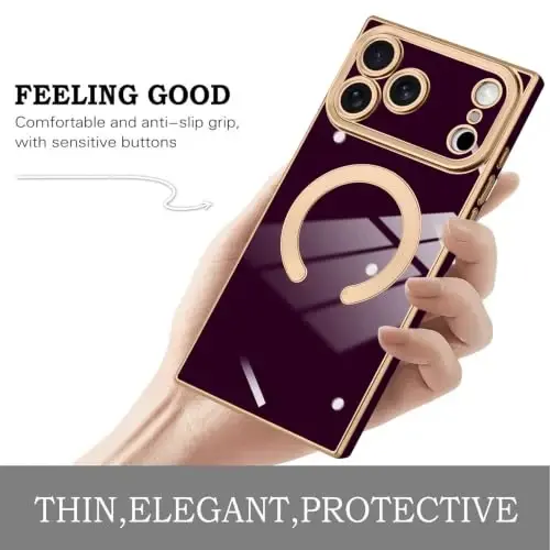 KANGHAR Case for iPhone 18 Pro Max Rectangle Luxury Wine Red Magnetic | [Compatible with MagSafe] Cute Plating Design Case Full-Body Anti-Scratch Shockproof Bumper Protective Cover - 4