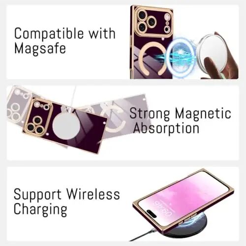 KANGHAR Case for iPhone 18 Pro Max Rectangle Luxury Wine Red Magnetic | [Compatible with MagSafe] Cute Plating Design Case Full-Body Anti-Scratch Shockproof Bumper Protective Cover - 5