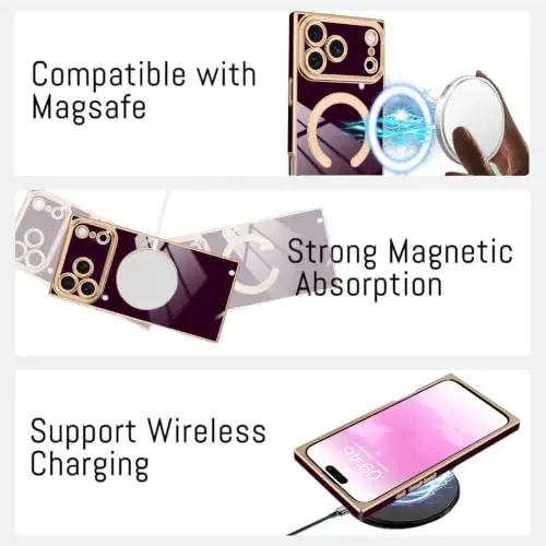 KANGHAR Case for iPhone 18 Pro Max Rectangle Luxury Wine Red Magnetic | [Compatible with MagSafe] Cute Plating Design Case Full-Body Anti-Scratch Shockproof Bumper Protective Cover - 5