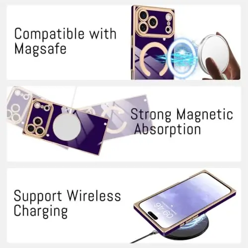 KANGHAR Case for iPhone 18 Pro Rectangle Luxury Dark Purple Magnetic | [Compatible with MagSafe] Cute Plating Design Case Full-Body Anti-Scratch Shockproof Bumper Protective Cover - 5