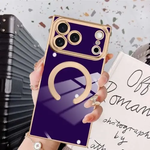 KANGHAR Case for iPhone 18 Pro Rectangle Luxury Dark Purple Magnetic | [Compatible with MagSafe] Cute Plating Design Case Full-Body Anti-Scratch Shockproof Bumper Protective Cover - 6