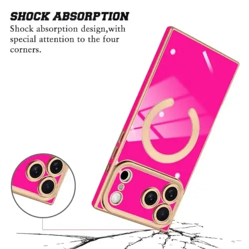 KANGHAR Case for iPhone 18 Pro Rectangle Luxury Hot Pink Magnetic | [Compatible with MagSafe] Cute Plating Design Case Full-Body Anti-Scratch Shockproof Bumper Protective Cover - 2