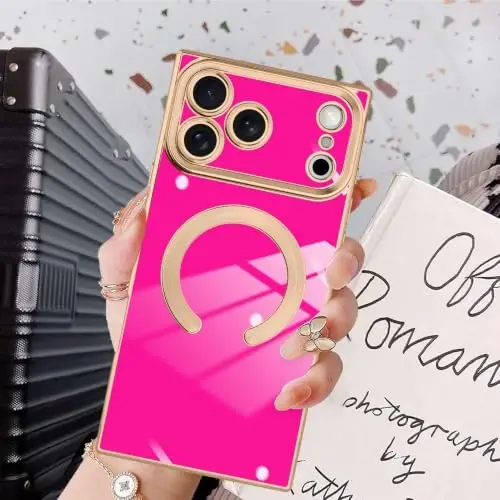 KANGHAR Case for iPhone 18 Pro Rectangle Luxury Hot Pink Magnetic | [Compatible with MagSafe] Cute Plating Design Case Full-Body Anti-Scratch Shockproof Bumper Protective Cover - 6