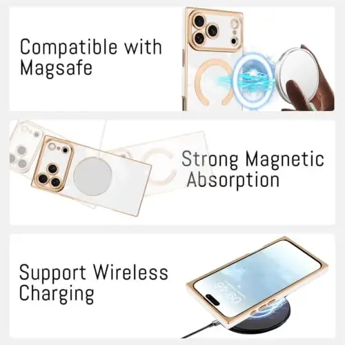 KANGHAR Case for iPhone 18 Pro Rectangle Luxury White Magnetic | [Compatible with MagSafe] Cute Plating Design Case Full-Body Anti-Scratch Shockproof Bumper Protective Cover - 5