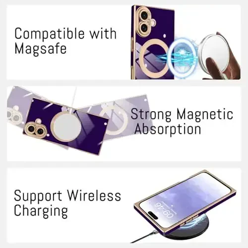 KANGHAR Case iPhone 17 Magnetic uchun mo'ljallangan [MagSafe bilan mos] Hashamatli yoqimli qoplama dizayni To'liq korpusli tirnalishga qarshi zarbaga chidamli bamper himoya qopqog'i to'q binafsha - 5