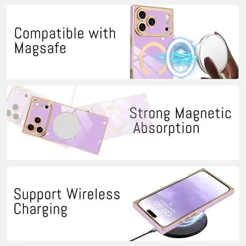 KANGHAR Case iPhone 17 Pro Max Magnetic uchun mo'ljallangan [MagSafe bilan mos keladi] Hashamatli chiroyli qoplama dizayni To'liq korpusli tirnalishga qarshi zarbga chidamli bamper himoya qopqog'i binafsha - 5