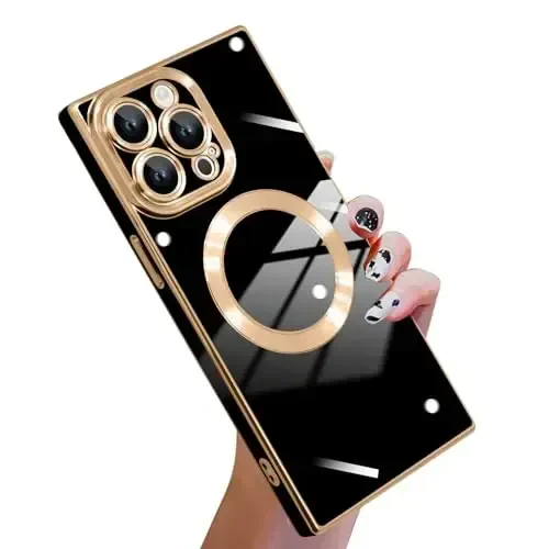 KANGHAR Чехол для телефона 16 Plus Magnetic [Совместим с MagSafe] Роскошный милый чехол с гальваническим покрытием, полностью защищающий от царапин, ударов, защитный бампер, черный - 1