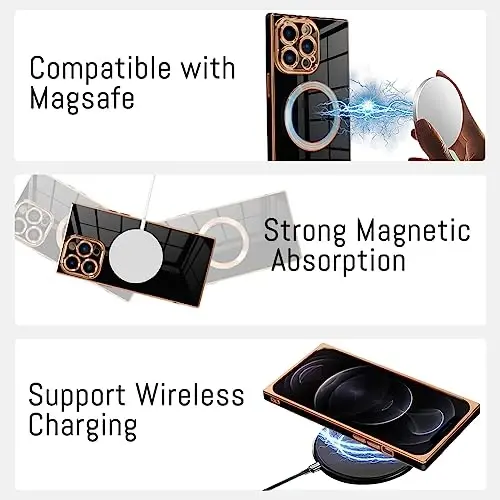 KANGHAR Чехол, Совместимый с iPhone 12 Pro Max, Магнитный [Совместим с MagSafe], Роскошный Милый Дизайн с Гальваническим Покрытием, Полноразмерный Защитный Бампер Против Царапин и Ударов, Черный - 5
