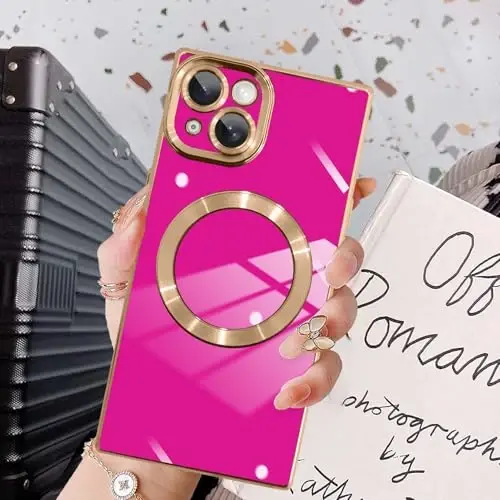 KANGHAR Case Designed for iPhone 15 Magnetic Hot Pink | [Compatible with MagSafe] Luxury Cute Plating Design Case Full-Body Anti-Scratch Shockproof Bumper Protective Cover - 1