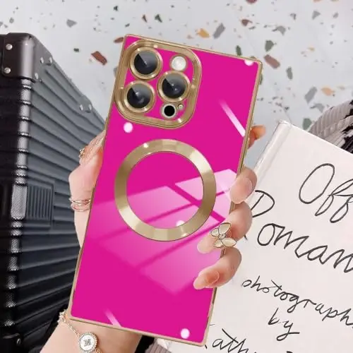 KANGHAR Case Designed for iPhone 15 Pro Max Magnetic [Compatible with MagSafe] Luxury Cute Plating Design Case Full-Body Anti-Scratch Shockproof Bumper Protective Cover Hot Pink 