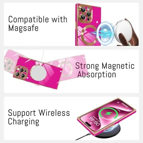 KANGHAR iPhone 15 Pro uchun mo'ljallangan magnitli g'ilof [MagSafe bilan mos keladi] Hashamatli yoqimli qoplama dizayni, to'liq korpusli tirnalishga qarshi va zarbaga chidamli himoya g'ilofi, to'q pushti rang - 2