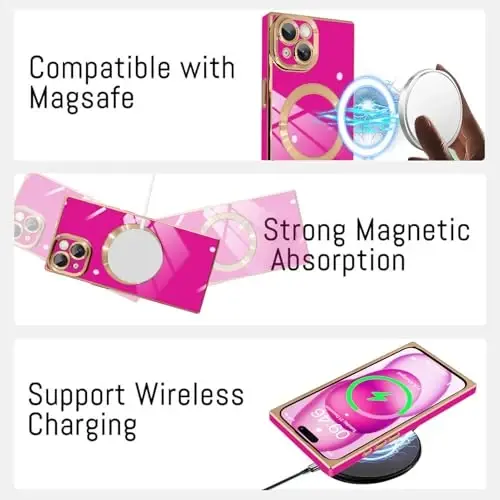 KANGHAR iPhone 15 uchun mo‘ljallangan magnit g‘ilof [MagSafe bilan mos keladi] Hashamatli yoqimli qoplama dizayni, to‘liq korpusli tirnalishga qarshi zarbaga chidamli himoya g‘ilofi, to‘q pushti rang - 5