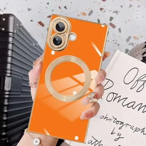 KANGHAR Case Designed for iPhone 16 Magnetic Orange | [Compatible with MagSafe] Luxury Cute Plating Design Case Full-Body Anti-Scratch Shockproof Bumper Protective Cover 
