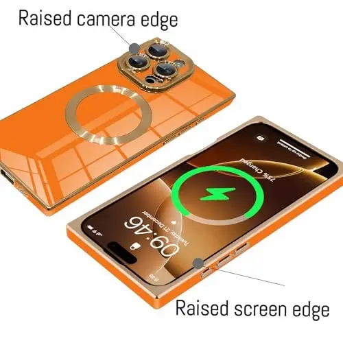 KANGHAR iPhone 16 Pro Max için Tasarlanmış Manyetik Kılıf [MagSafe ile Uyumlu] Lüks Sevimli Kaplama Tasarımlı Kılıf Tam Gövde Çizilmez Darbeye Dayanıklı Tampon Koruyucu Kapak Turuncu - 3