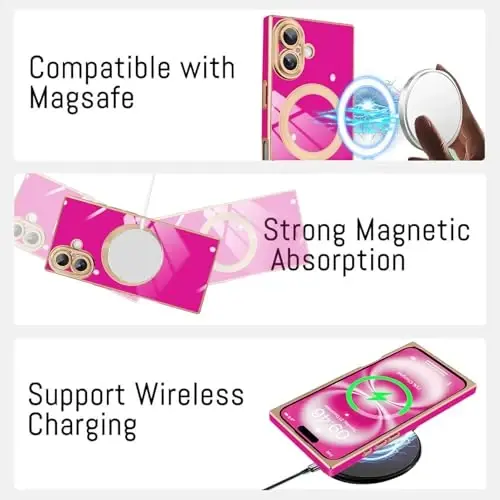 KANGHAR iPhone 16 uchun mo‘ljallangan magnit g‘ilof [MagSafe bilan mos keladi] Hashamatli yoqimli qoplamali dizayn, butun tanani himoya qiluvchi, tirnalishga chidamli, zarbaga chidamli bamperli himoya g‘ilofi, to‘q pushti rang - 5